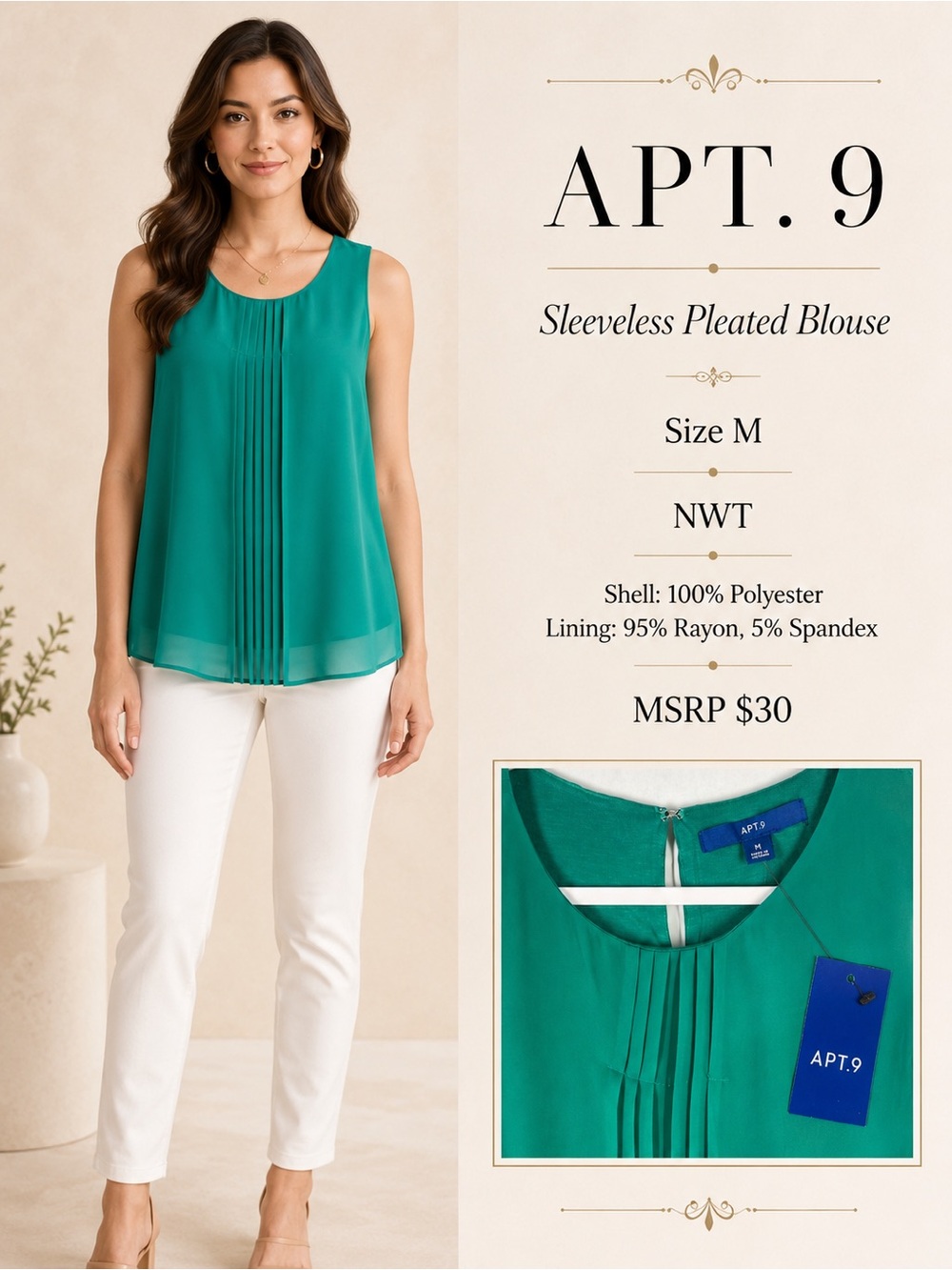 Apt. 9 Sleeveless Pleated Blouse in Teal Green
